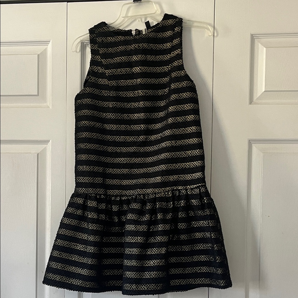 TOPSHOP Black and Gold Striped Textured Drop-Waist Dress